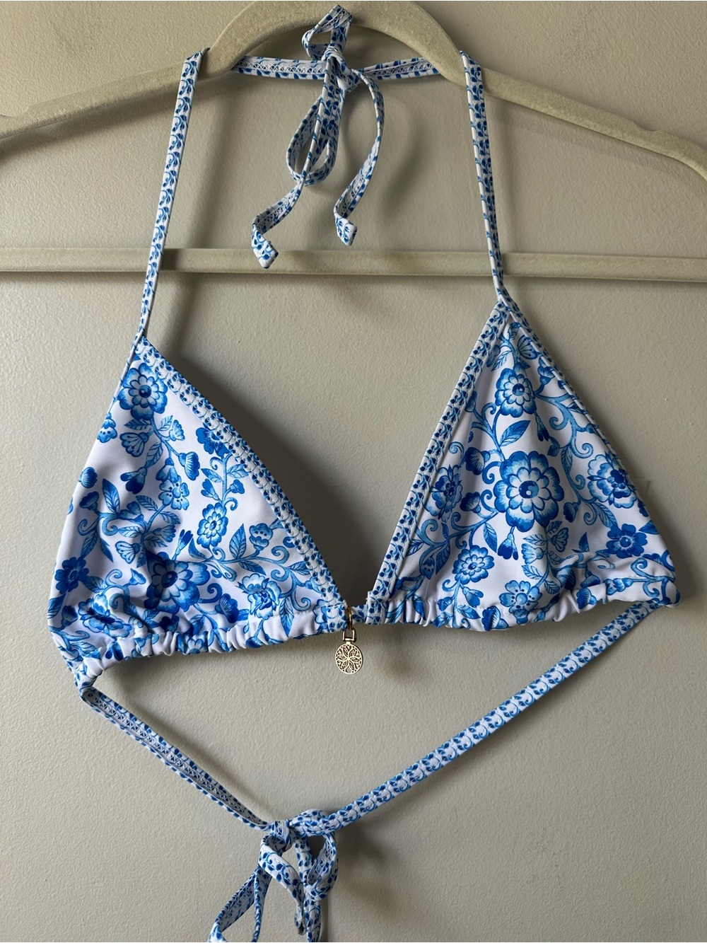 Triangle Bikini Top Grecian Blue and White Floral Bikini Women’s Swimwear Size S